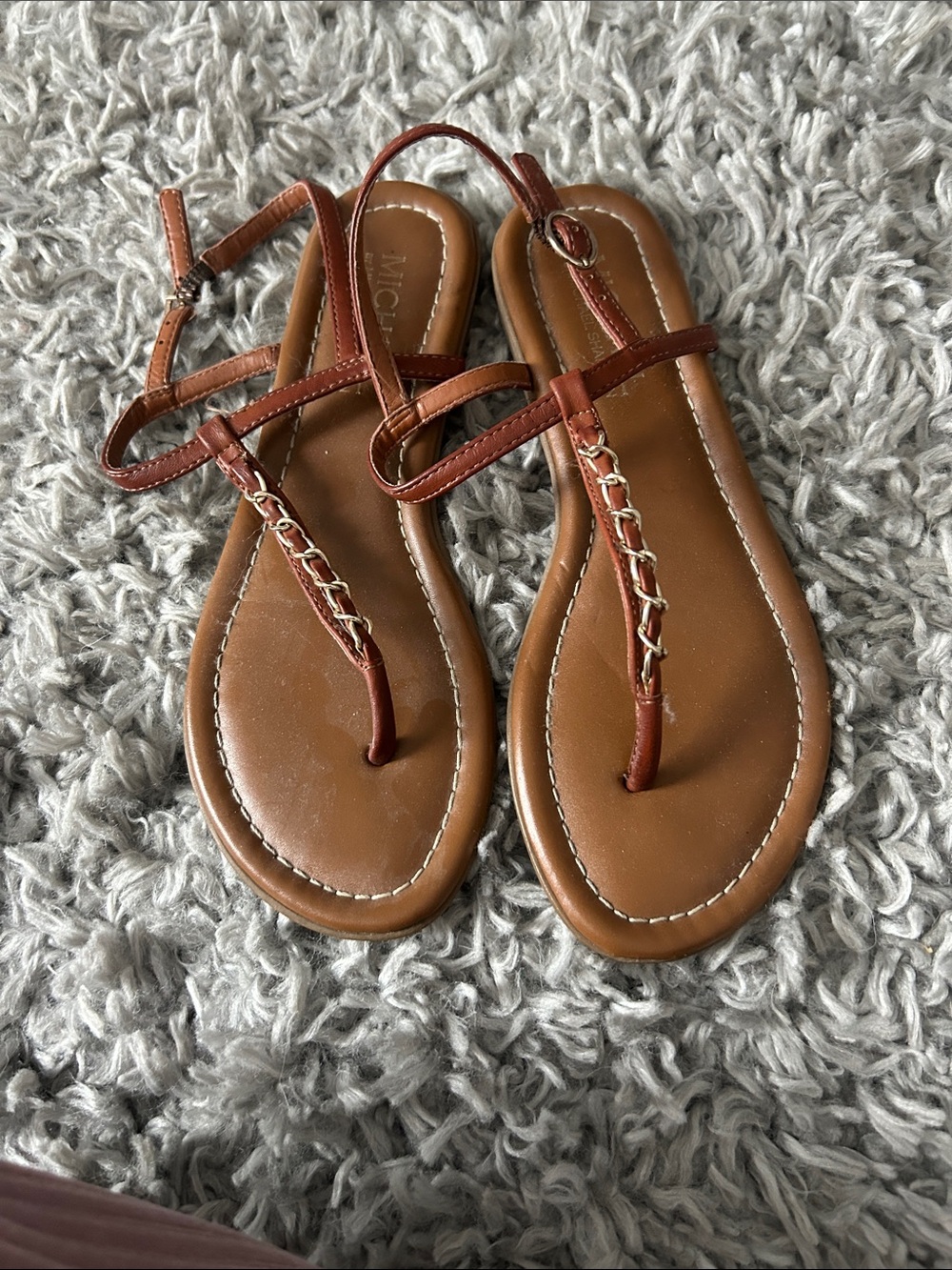 Women’s Brown T-Strap Sandals with Chain Detail